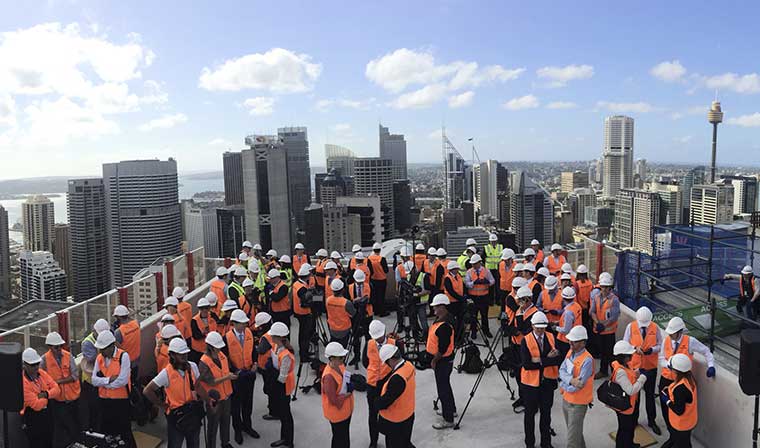 The ancient Scandinavian tree ’topping out’ ritual is performed atop Barangaroo South’s Tower 2, International Towers Sydney