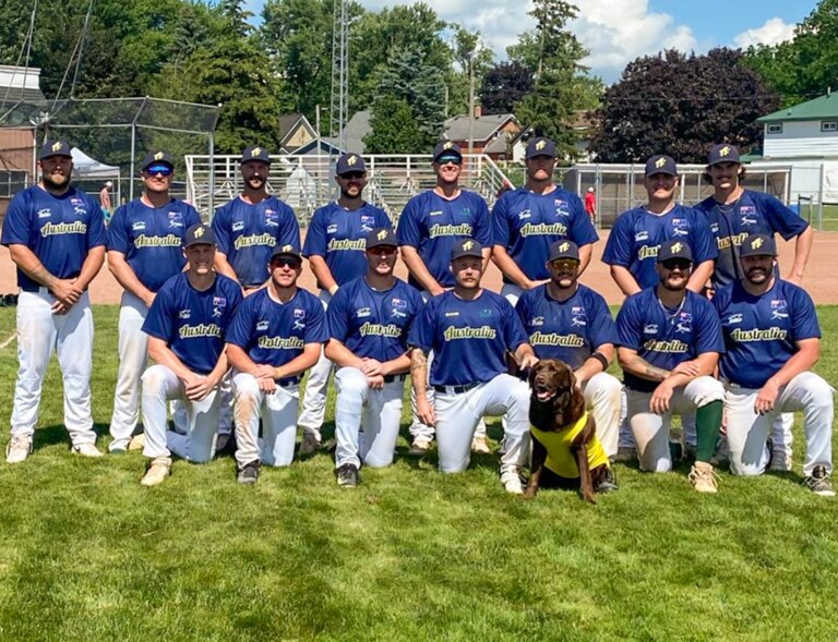 Australian Men's National team, Aussie Steelers, pictured in Canada preparing for the 2025 WBSC Men's Softball World Cup. Back row (pictured left to right) Marshall Kronk, Josh McGovern, Scott Patterson, Matt Harrow, James Todhunter, Jack Besgrove, Ethan Field, Kynan Molander. Front row (pictured left to right) Jack Burt, Callum Beashel, Ryan King, Jarrod Bradbury, Jeremy Garland, Riley James, Jerremyah Selu.