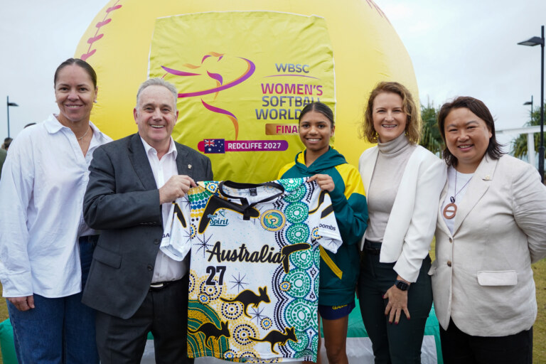 (Pictured L to R) Stacey Porter - 4 time Olympian, 3 time medallist Indigenous Icon; Russell Telford - A.G. Coombs Managing Director; Lekyhia Jackson - U18 Australian Indigenous representative; Tiffany Allen - Softball Australia Chair; and Sarah Loh - Softball Australia CEO. (Image: Softball Australia)